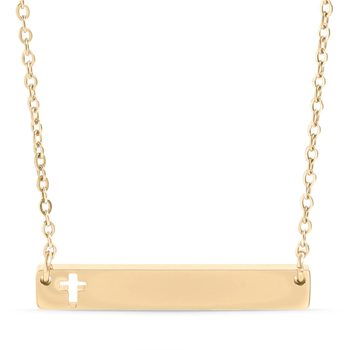 Engravable Cutout Cross Bar Necklace in Gold